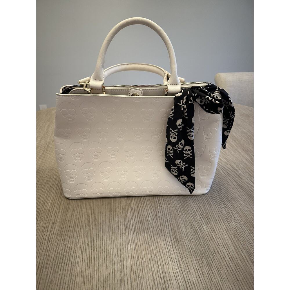 RARE Betsey Johnson White Skull Embossed Satchel Goth Alt Y2K Dark Floral Liner
